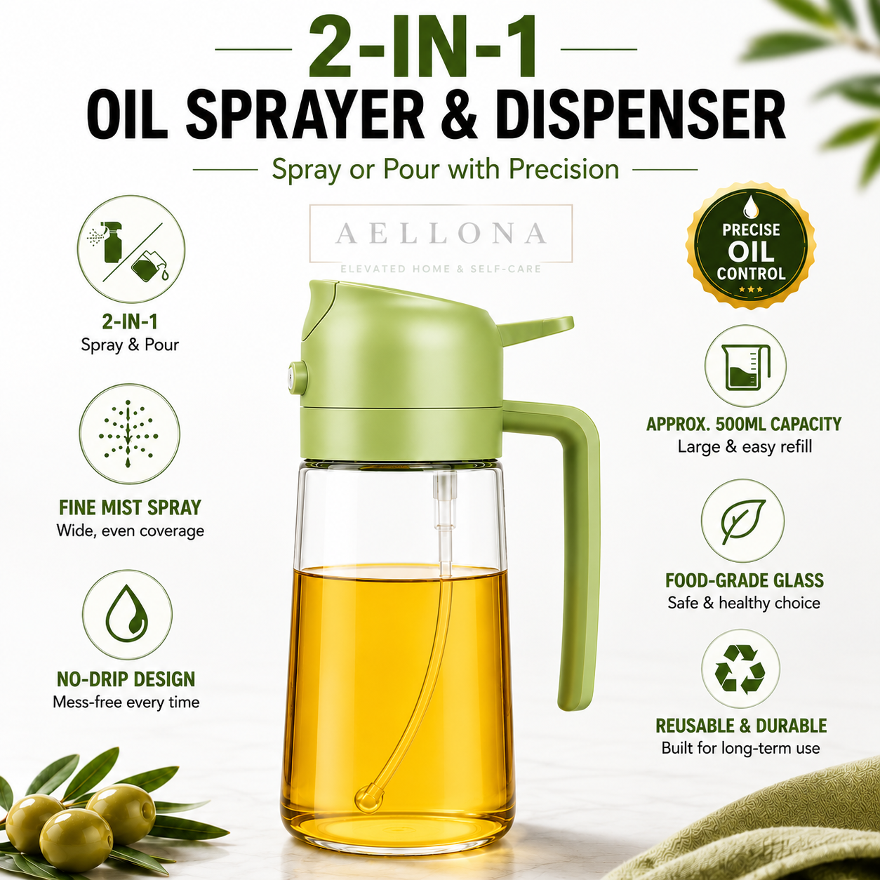 2 in 1 Oil Dispenser Glass Bottle for kitchen (500ML)