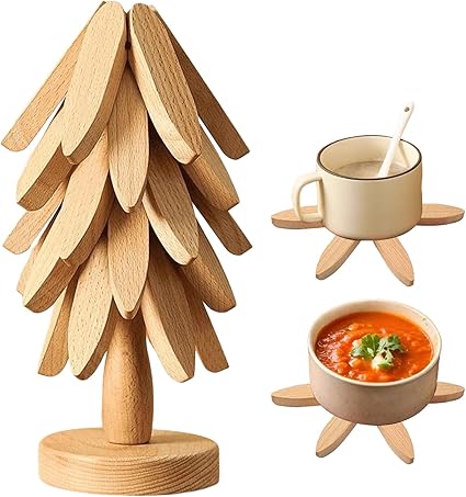 Tree-Shaped Wooden Trivet Set (4 trivets + 1 Stand) – Foldable Heat-Resistant Hot Pot Holders for Kitchen, Dining & Serving