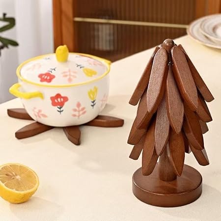 Tree-Shaped Wooden Trivet Set (4 trivets + 1 Stand) – Foldable Heat-Resistant Hot Pot Holders for Kitchen, Dining & Serving