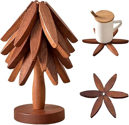 Tree-Shaped Wooden Trivet Set (4 trivets + 1 Stand) – Foldable Heat-Resistant Hot Pot Holders for Kitchen, Dining & Serving