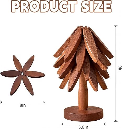 Tree-Shaped Wooden Trivet Set (4 trivets + 1 Stand) – Foldable Heat-Resistant Hot Pot Holders for Kitchen, Dining & Serving